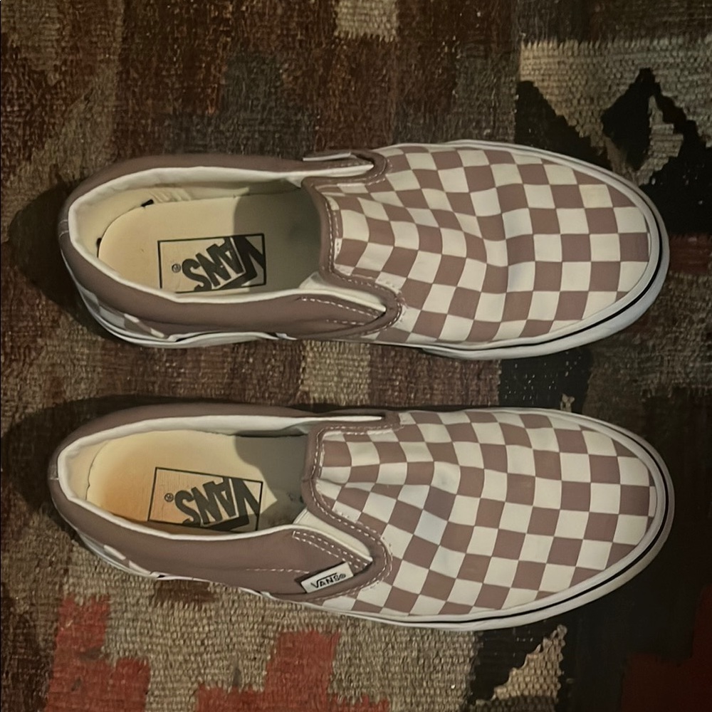 Worn Once! Vans Brown and White Slip-On Sneakers Checkerboard